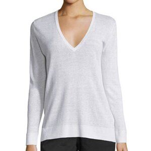 Theory Linen Blend Adrianna Sag Harbor Printed V-neck Knit Sweater White Size S